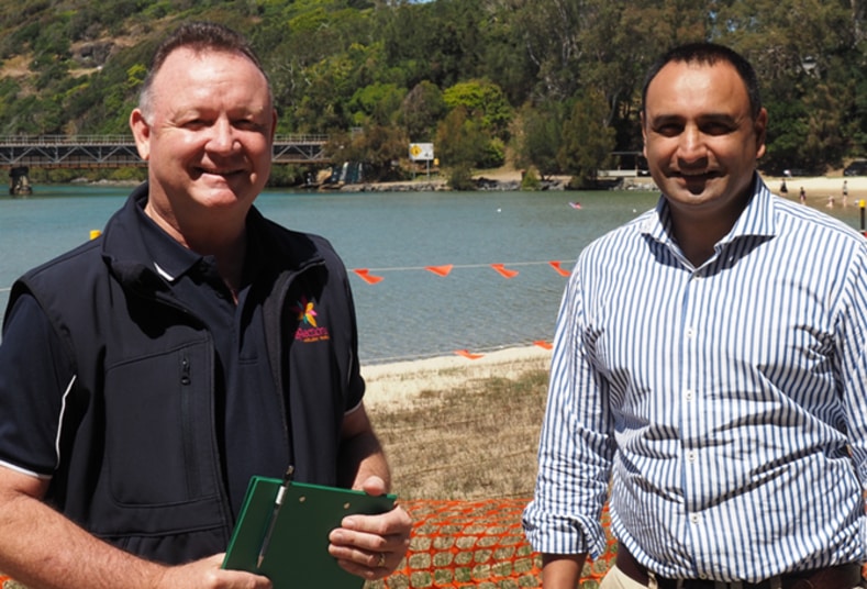 Reflections Holiday Parks Mid-North Coast Operations Manager Alan Thomas (left) pictured with  Member for Coffs Harbour, Gurmesh Singh MP, at Boambee Creek Reserve